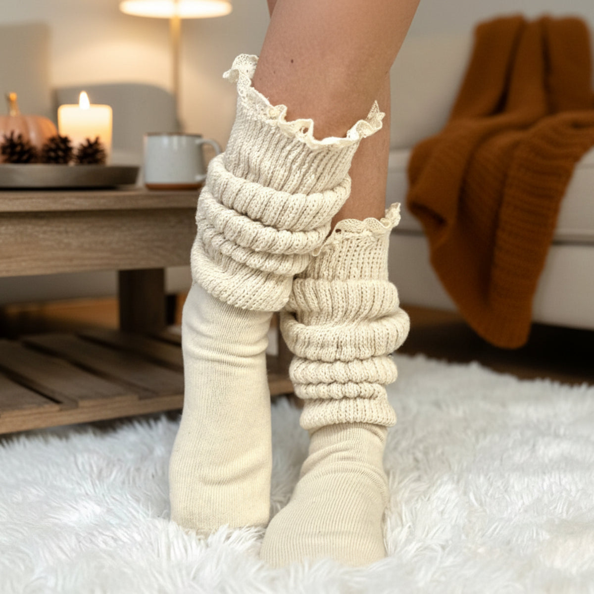 ULTIMATE chunky comfy Beige cotton LACE slouch socks women , made USA, 1980s quality thick scrunchy socks men women (6-9) (10-13) Catherine Cole signature socks