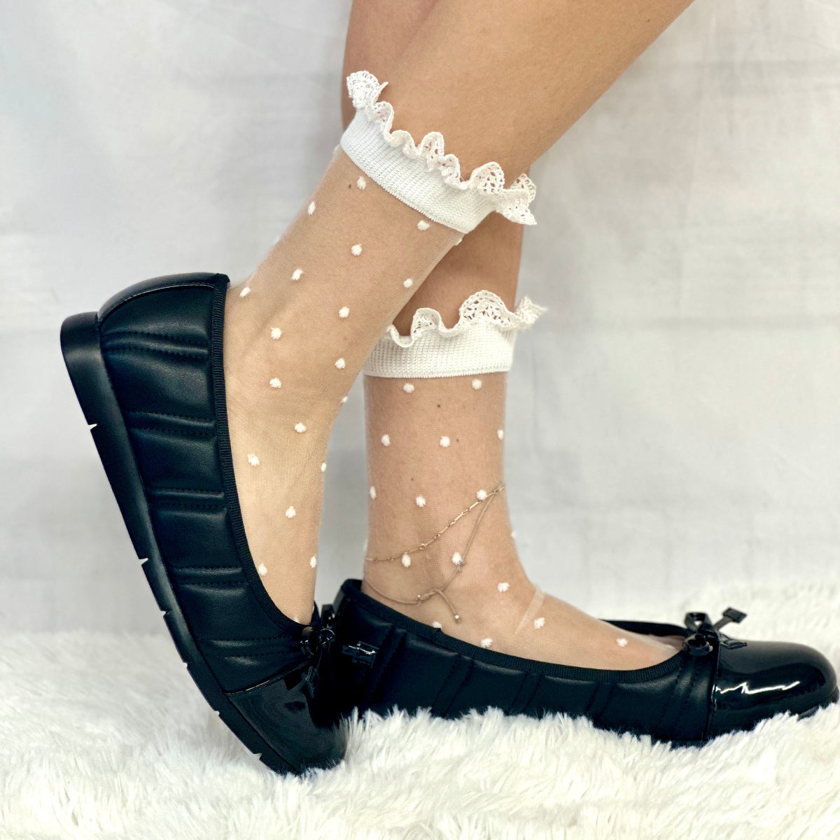MARILYN polka dot lace socks for heels - white, by Catherine Cole'signature style