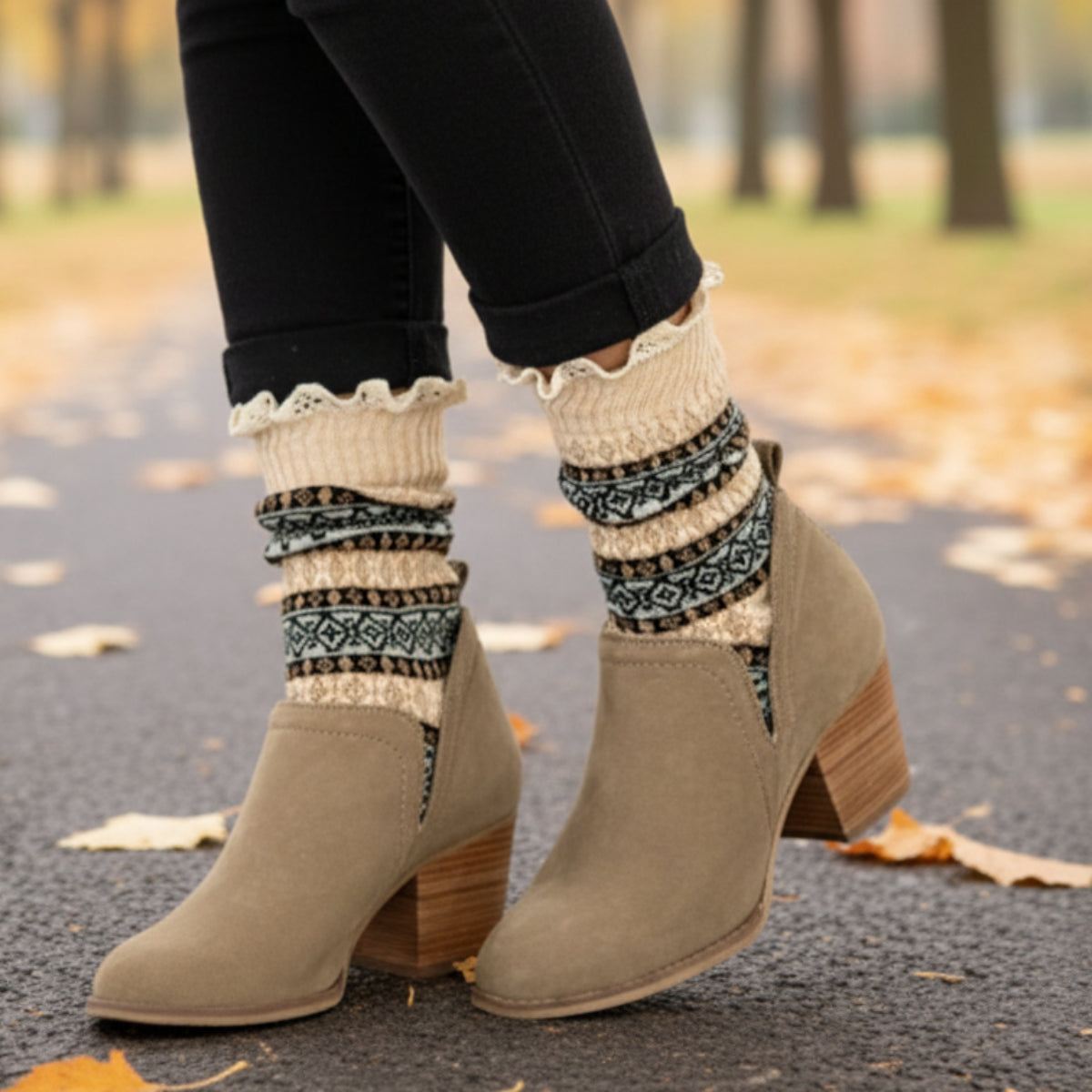 NORDIC design lace topped socks - tan