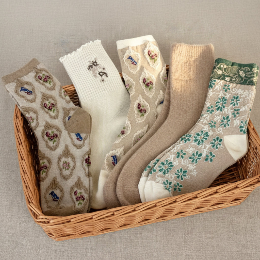 Neutral Botanical 5-Pair Sock Bundle | Studio Clearance | Women's Crew Socks Size 6–9