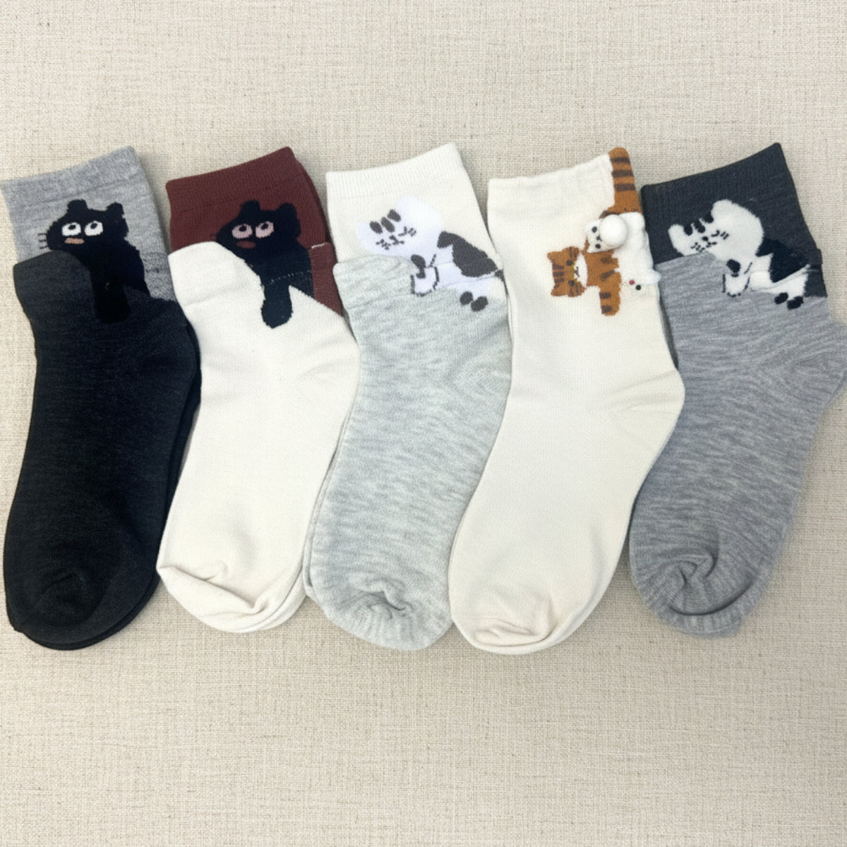 Novelty Cat 5-Pair Sock Bundle | Studio Clearance | Women's Crew Socks Size 6–9