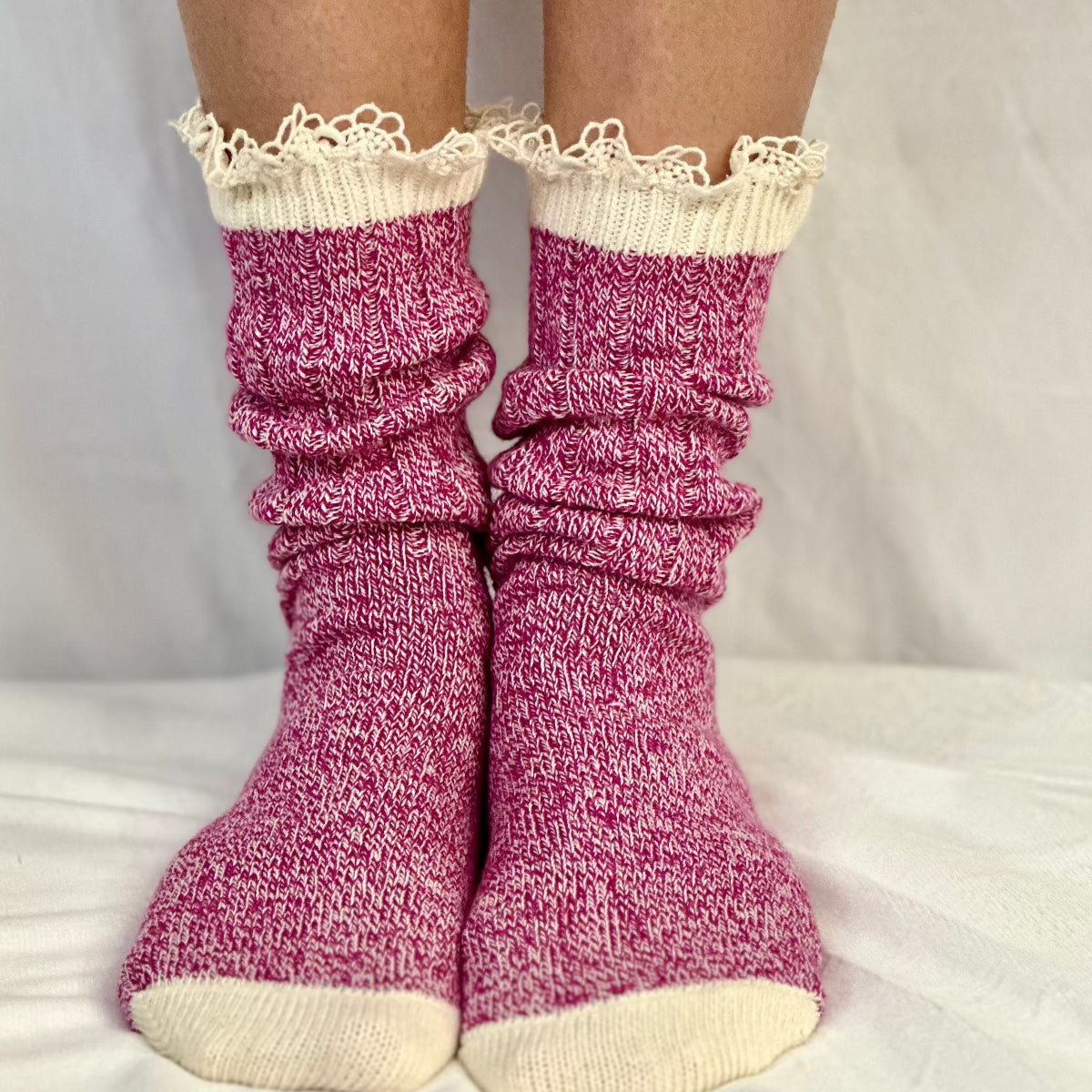 pink lace crew socks women, organic socks ladies, organic cotton socks Made in america, ORGANIC lace boot socks - bright pink by Catherine Cole signature socks