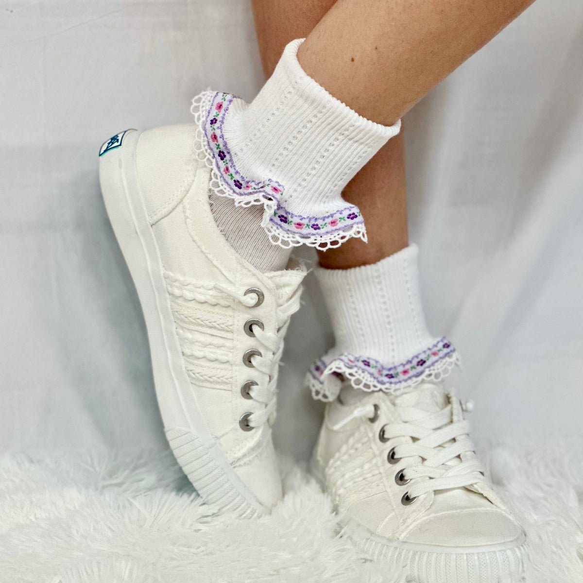 POSEY vintage ribbon lace cuff socks - purple, Catherine Cole signature socks for women, Made in USA america