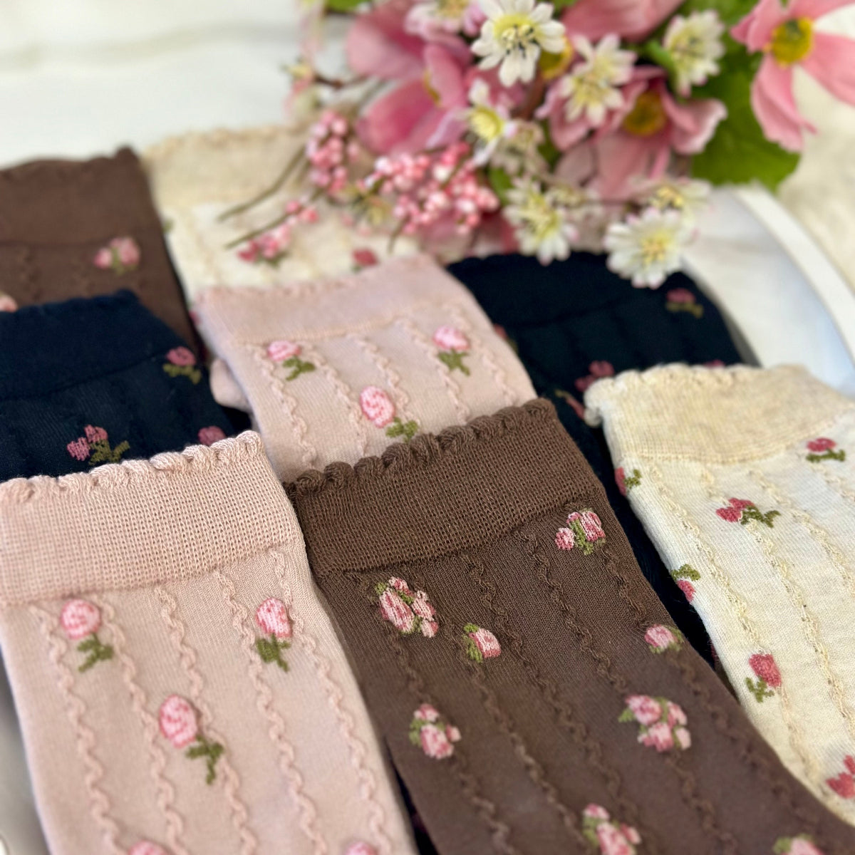 Rosebud Floral Socks 4-Pack Bundle + Wish Bracelet | Women's Ankle Socks Gift Set