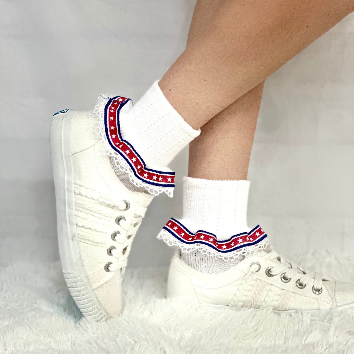 STARS and Stripes patriotic lace cuff socks - white, American socks for women., Catherine Cole signature socks