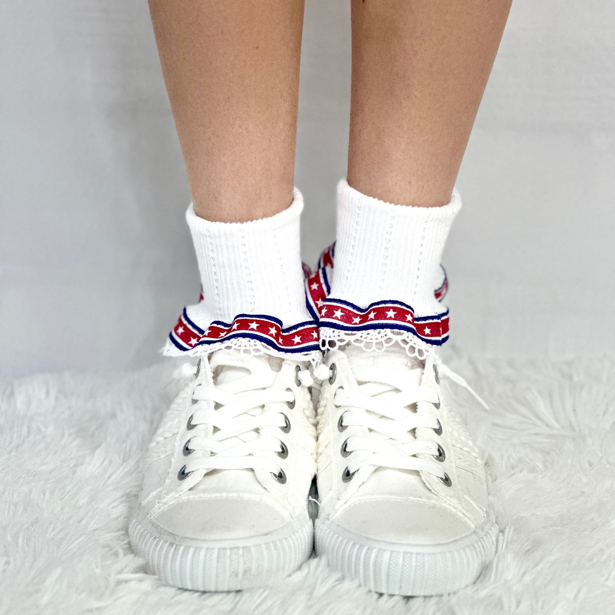 STARS and Stripes patriotic lace cuff socks - white, American socks for women., Catherine Cole signature socks