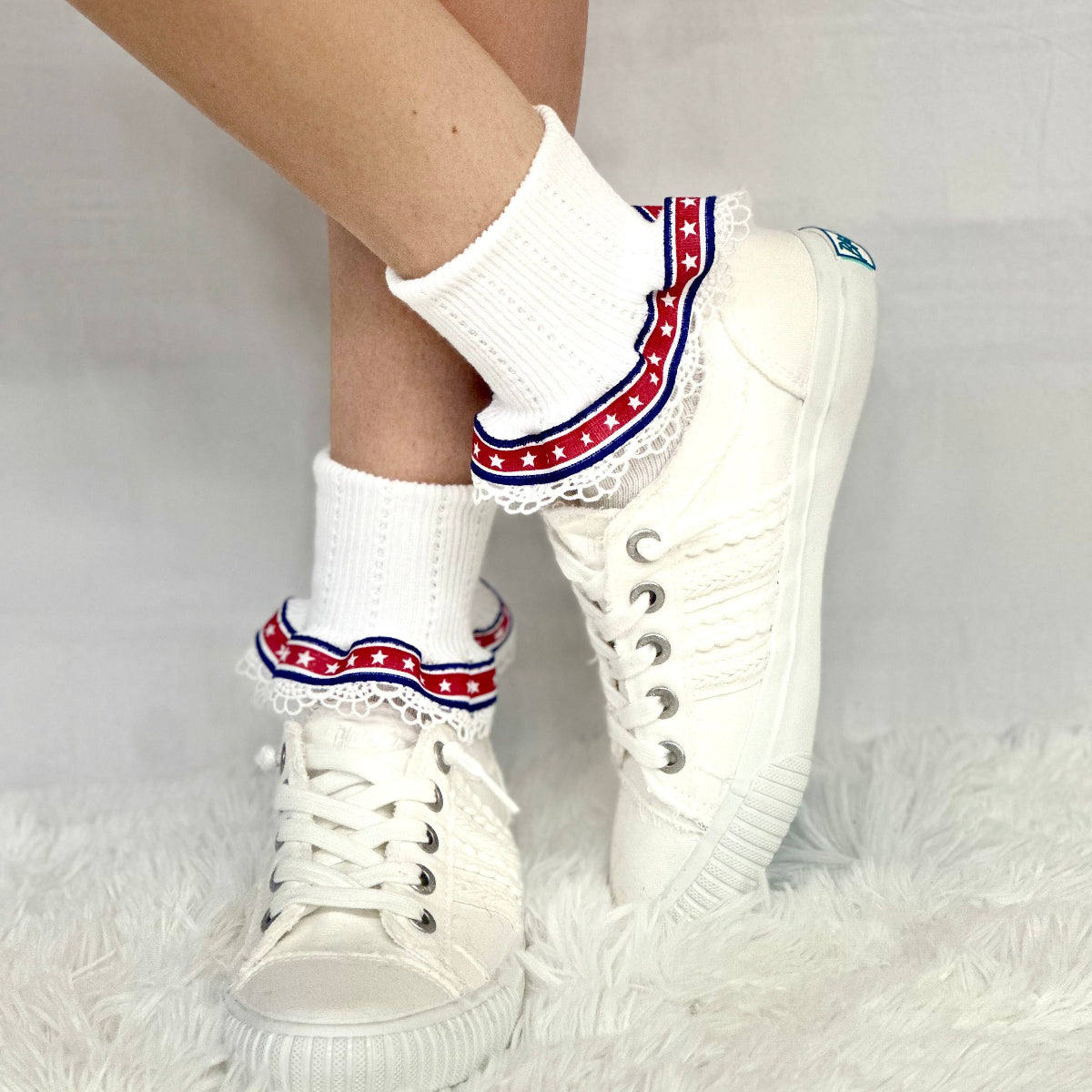 STARS and Stripes patriotic lace cuff socks - white, American socks for women., Catherine Cole signature socks