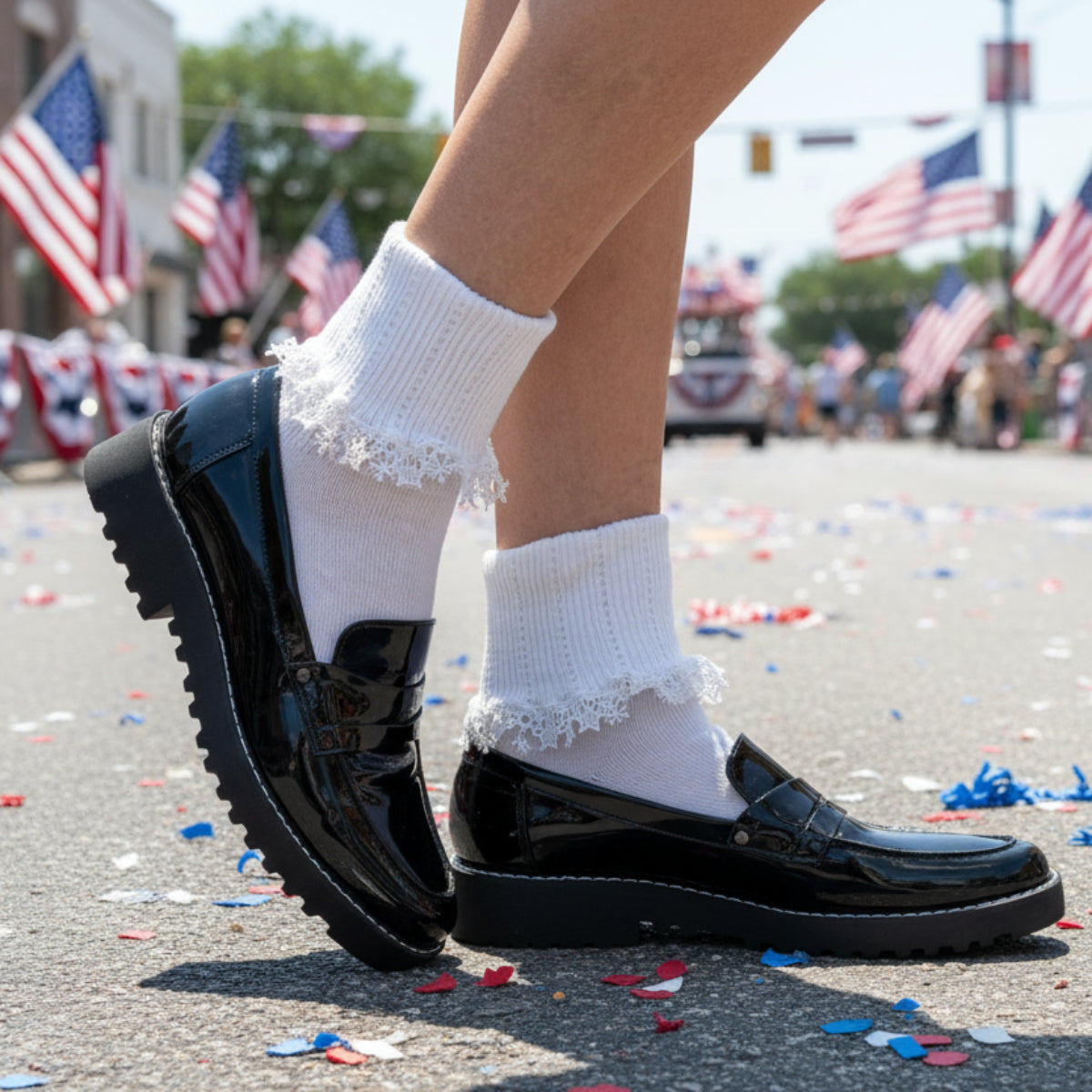 STARS lace cuff ankle socks - white