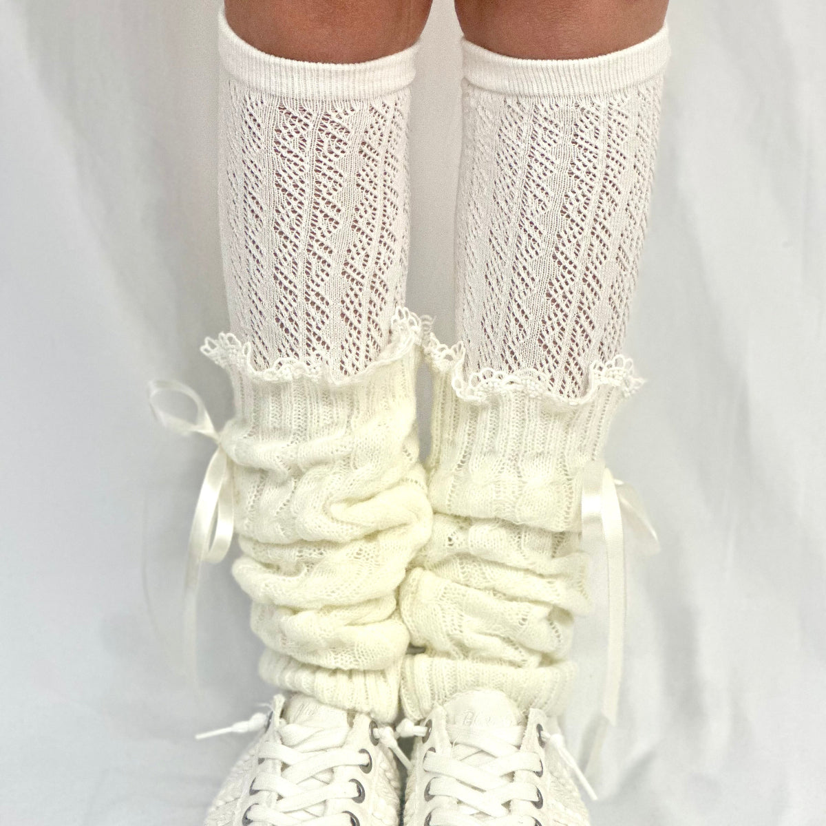 Satin bow knit leg warmers -cream