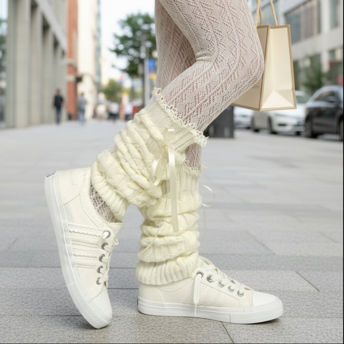 Satin bow knit leg warmers -cream
