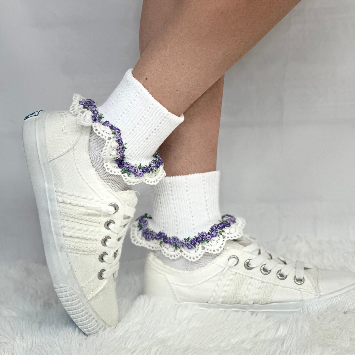 FLOWERS lace cuff socks - white purple,, pretty summer lace cuff sock for women made in USA, Catherine Cole socks