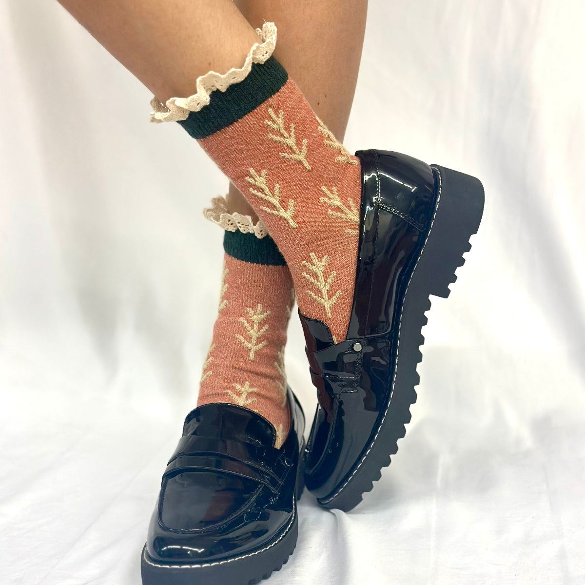 TWIGS lace topped socks - rust, fall fun cute ankle socks for women by Catherine Cole