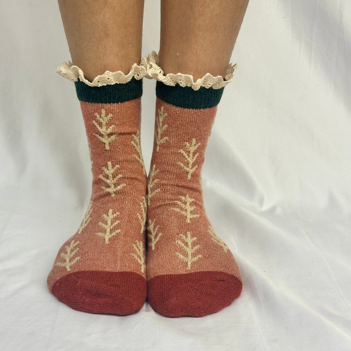 TWIGS lace topped socks - rust, fall fun cute ankle socks for women by Catherine Cole