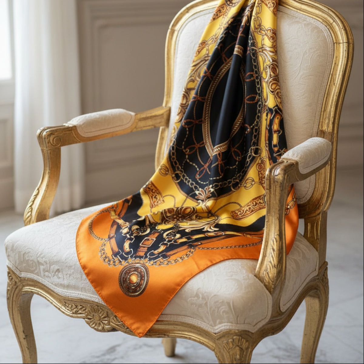 The Milano | Chain & Baroque Silk-Look Square Scarf 35"