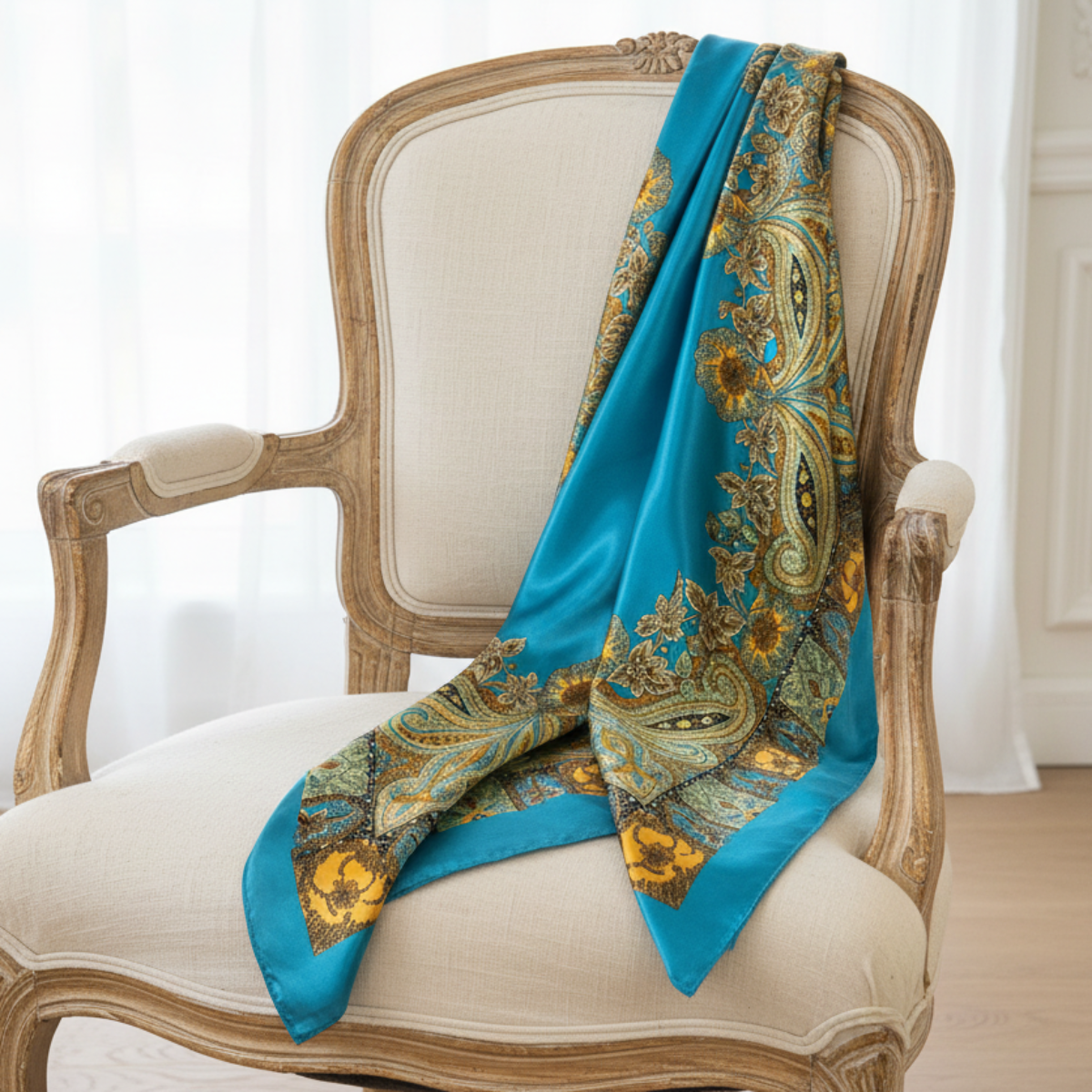 The Saint-Tropez Scarf – 35" Teal & Gold Square Scarf