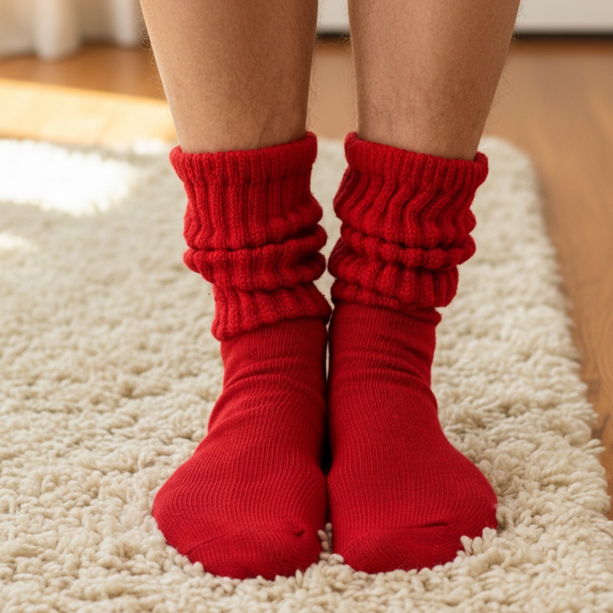 red cotton crew slouch socks adults large size made in usa, Slouch Socks scrunched over chunky retro sneakers for a 90s athletic streetwear look.