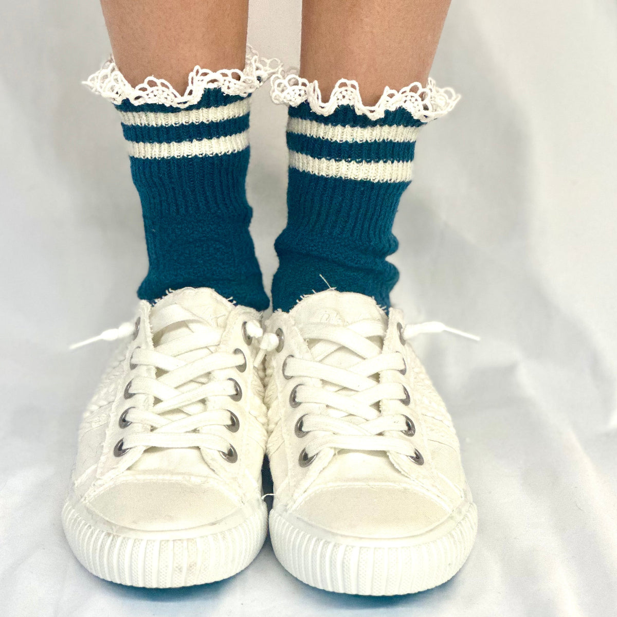 VARSITY striped crew socks - peacock blue, fall preppy socks for women by Catherine Cole signature style