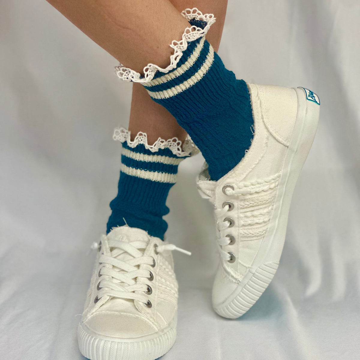 VARSITY striped crew socks - peacock blue, fall preppy socks for women by Catherine Cole signature style