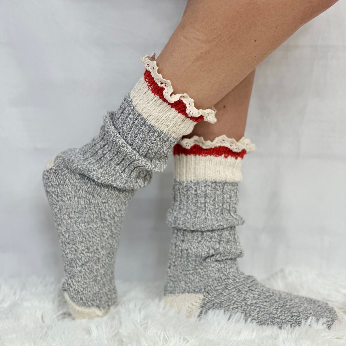 VINTAGE rag striped crew socks women's, made in USA America lace topped socks women, Catherine Cole signature socks