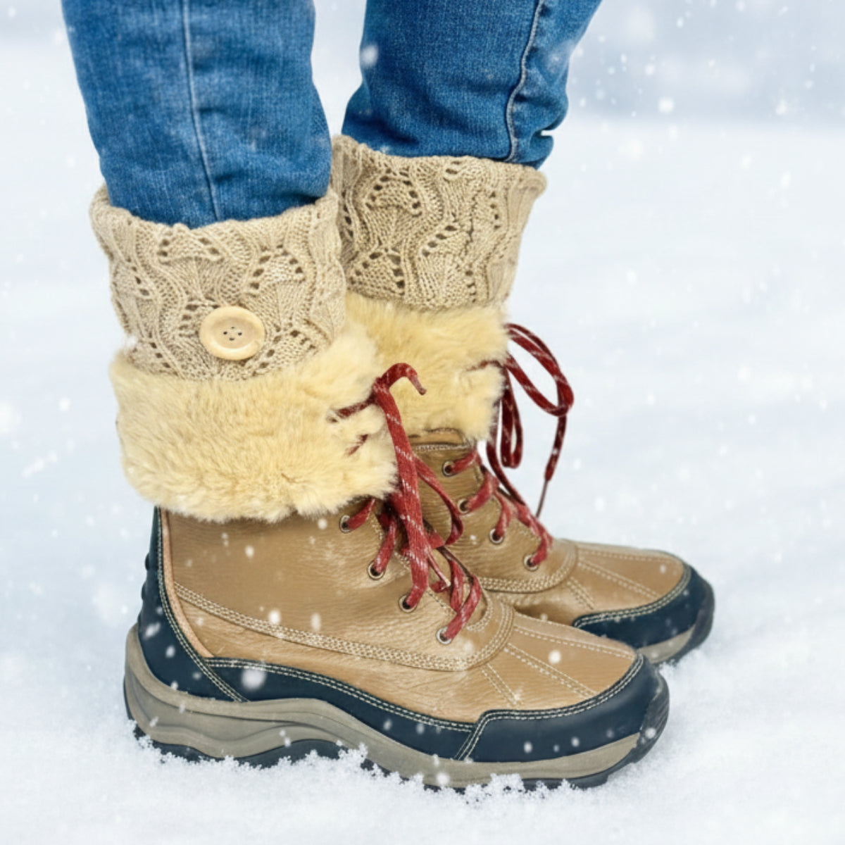 TAUPE knit boot toppers with wood button, Catherine Cole signature best quality socks