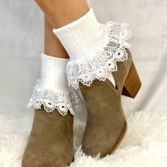 Blossom signature lace socks white quality fashion hosiery , lace cuff socks women's, cool lace socks near me. cute Catherine Cole signature style socks
