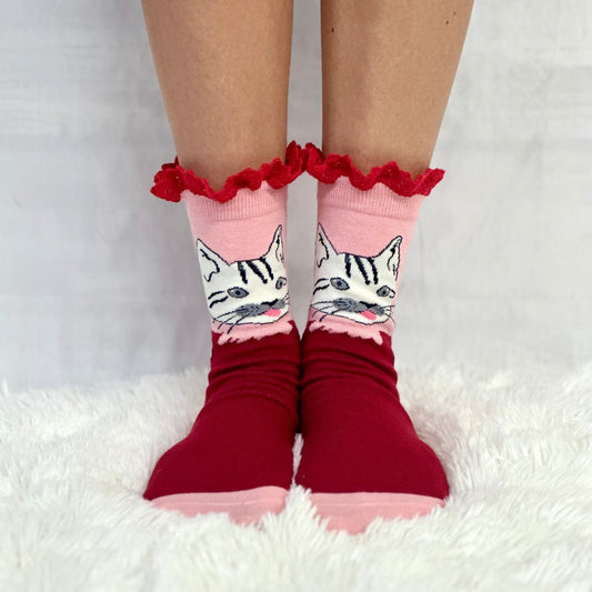 FELINE fun novelty print crew sock womens- red pink, cute cat socks, fun novelty socks, Catherine Cole signature socks