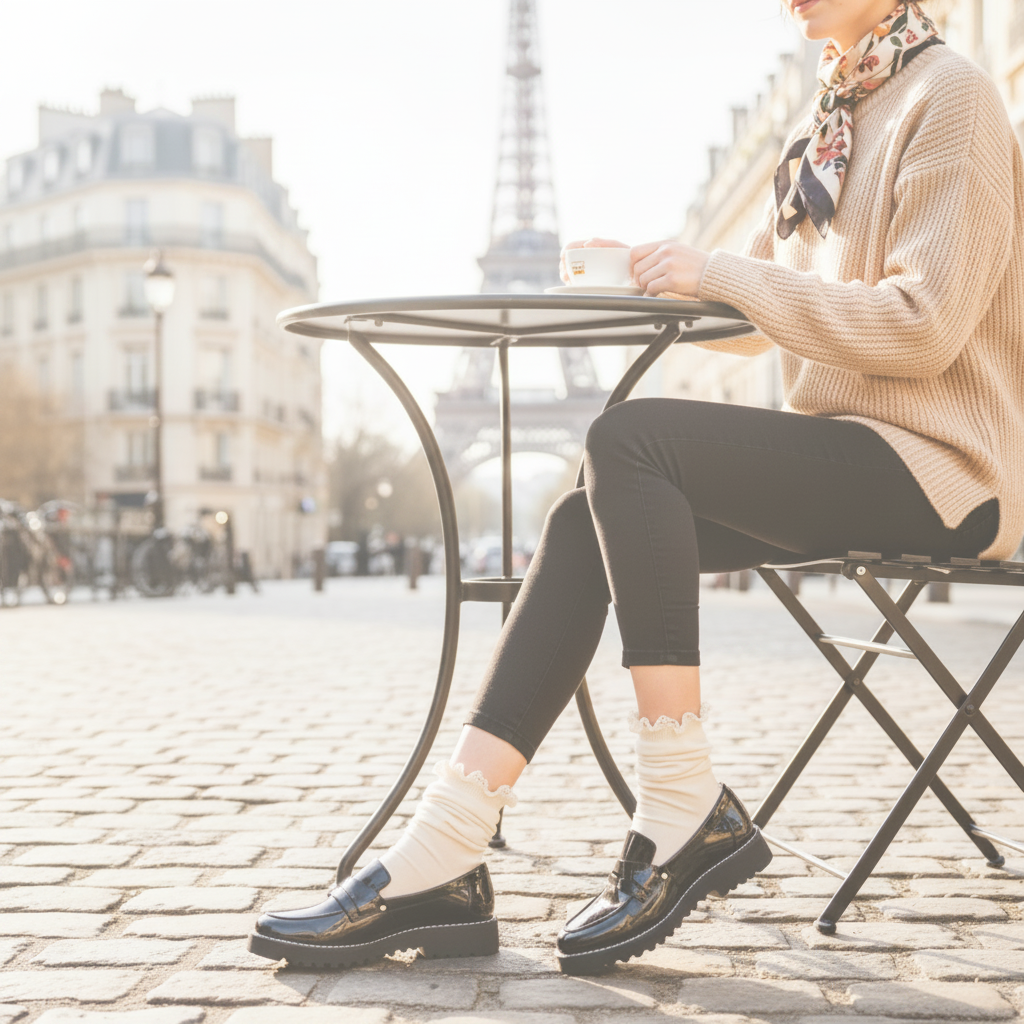 Person sitting at a table in front of the Eiffel Tower, wearing a beige sweater and black shoes.