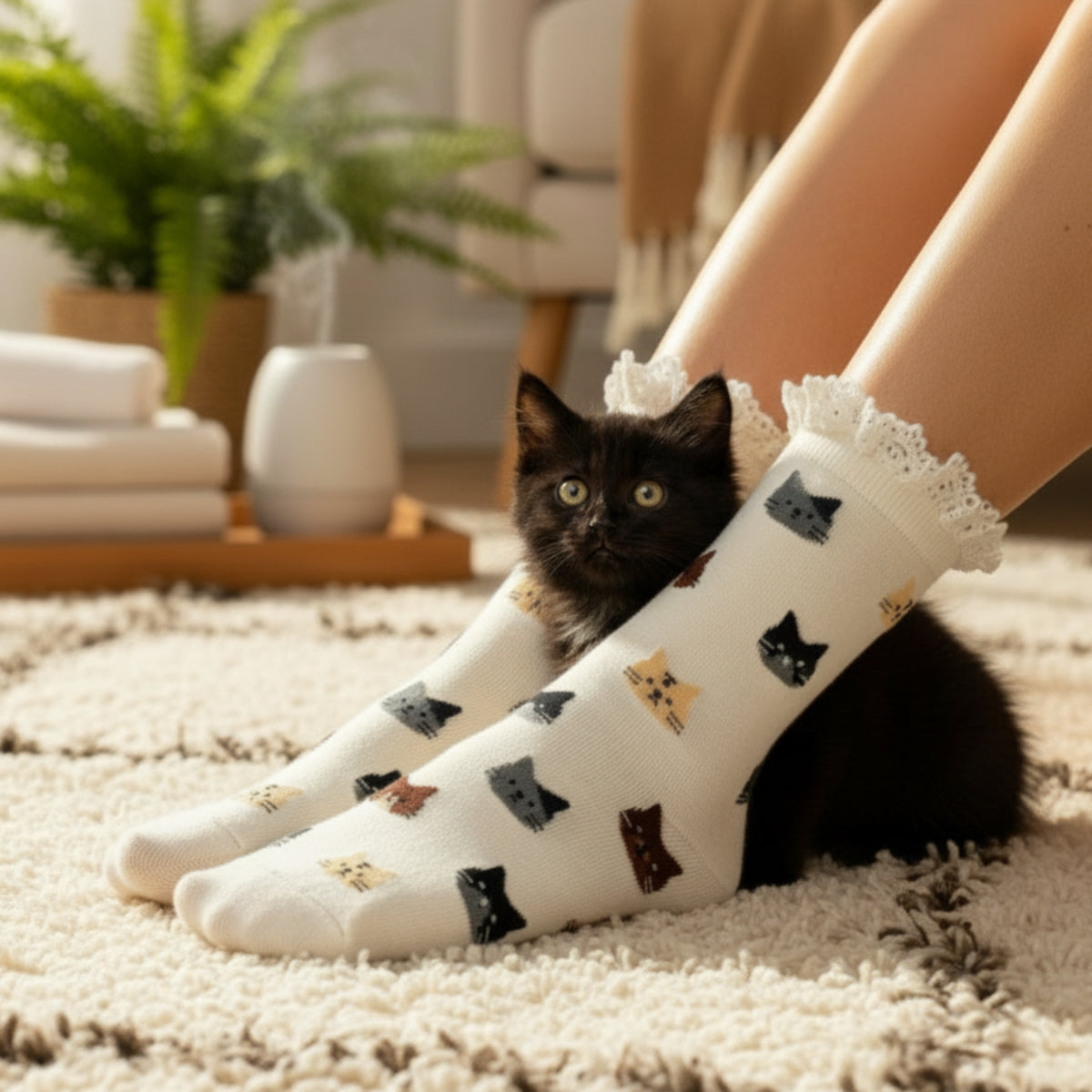 MEOW cat novelty crew sock womens- neutral, Catherine Cole Signature socks, fun cat socks, feline novelty socks