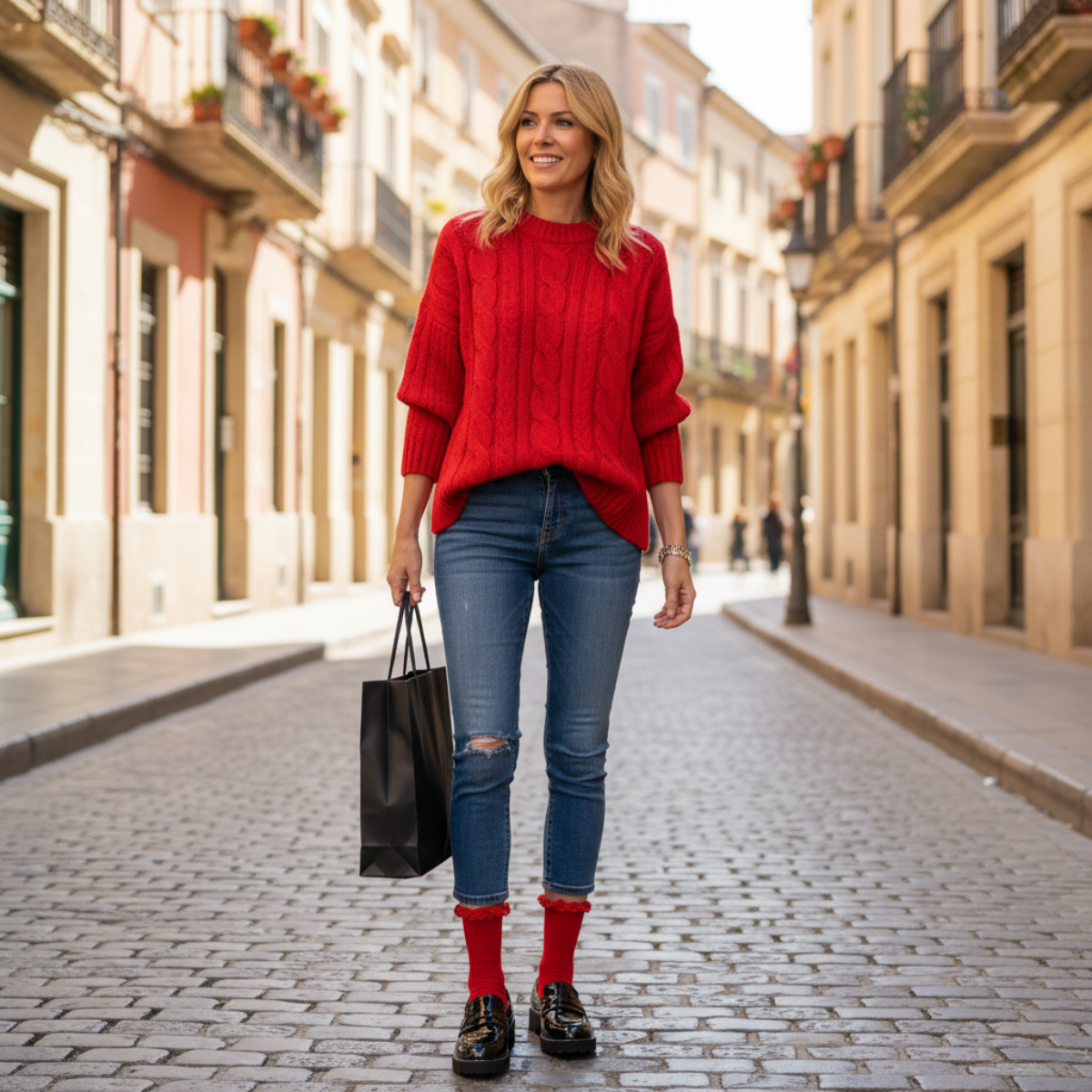 Woman in a red sweater and blue jeans walking down a street with shopping bags.
