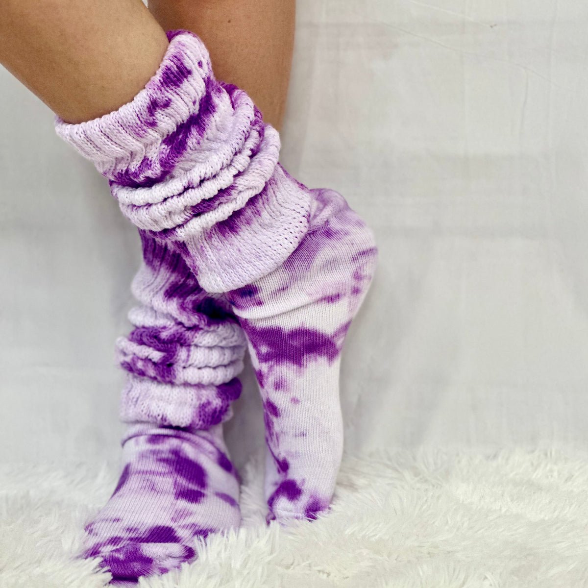 Ultimate purple tie dye hooters cotton slouch scrunchy socks women, hand tie dyed. USA made, America quality socks by Catherine Cole Signature socks