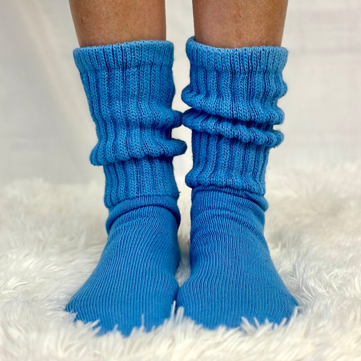 ULTIMATE XL foot shorter cotton slouch sock - ( Blue ) USA knitted 10-14 size adult men, women unisex - America Made quality hosiery, Catherine Cole signature socks made in usa