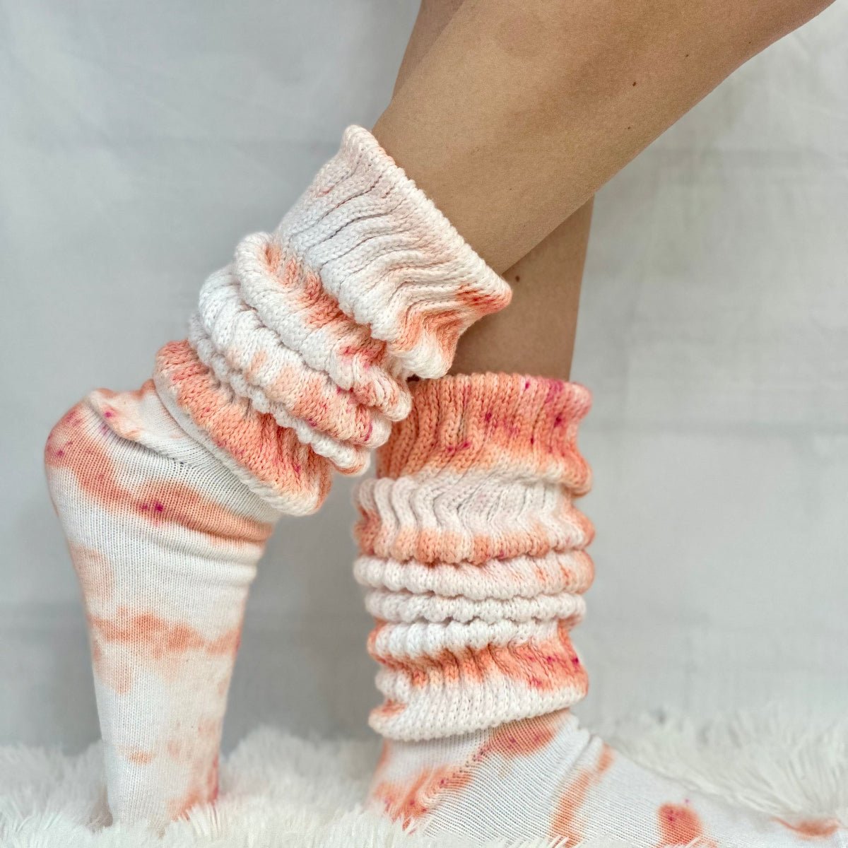 ULTIMATE cotton slouch socks women - Tie dyed coral orange, hooters dyed colors made in USA sock women