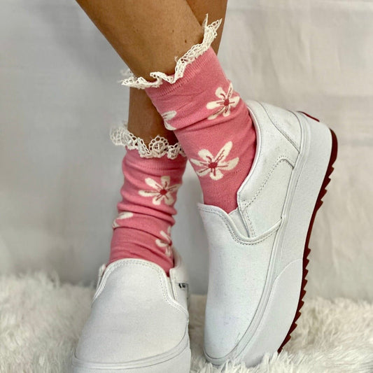 POSEY lace top ankle sock - pink, fun flower print sock women
