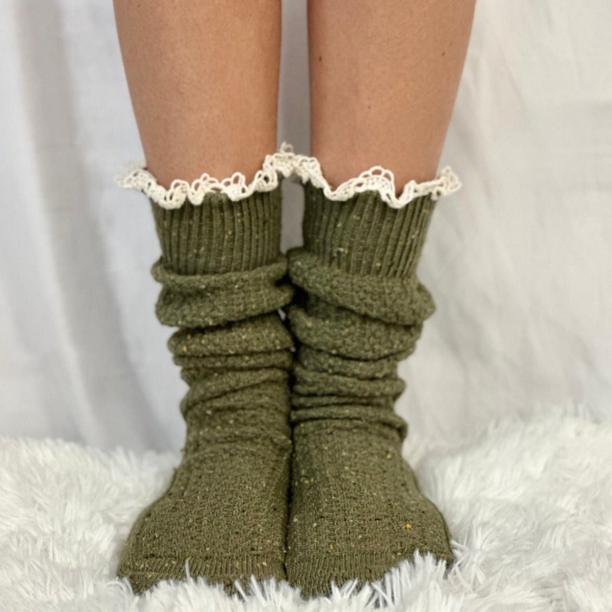 lace slouch socks for booties- olive, lace boot socks women's, boot socks short lace women's best quality, BOOTIE lace slouch socks - olive by Catherine Cole signature socks