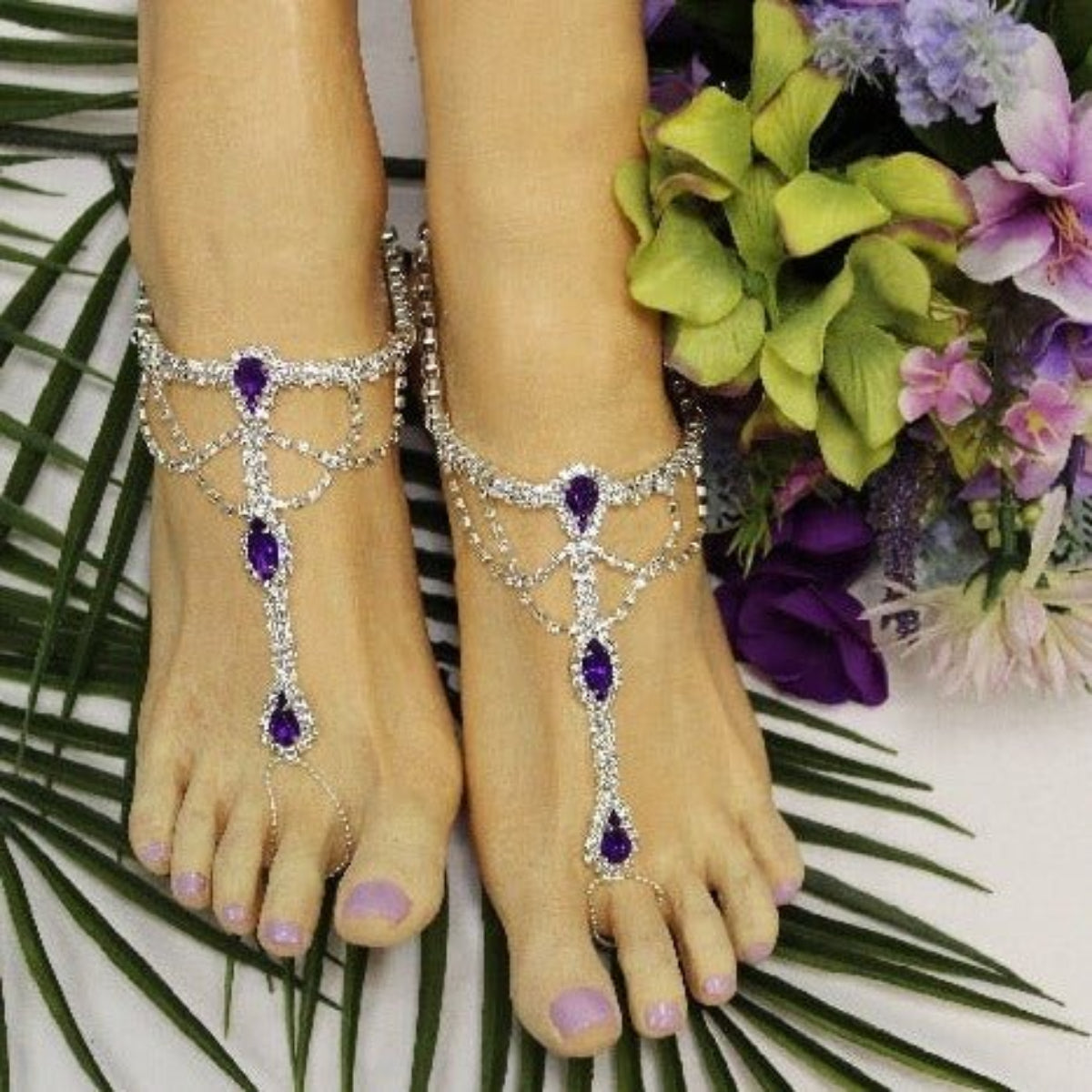 Purple women's wedding rhinestone barefoot sandals, best quality foot jewelry sandals, BRIDE wedding barefoot sandals - amethyst purple barefoot sandals