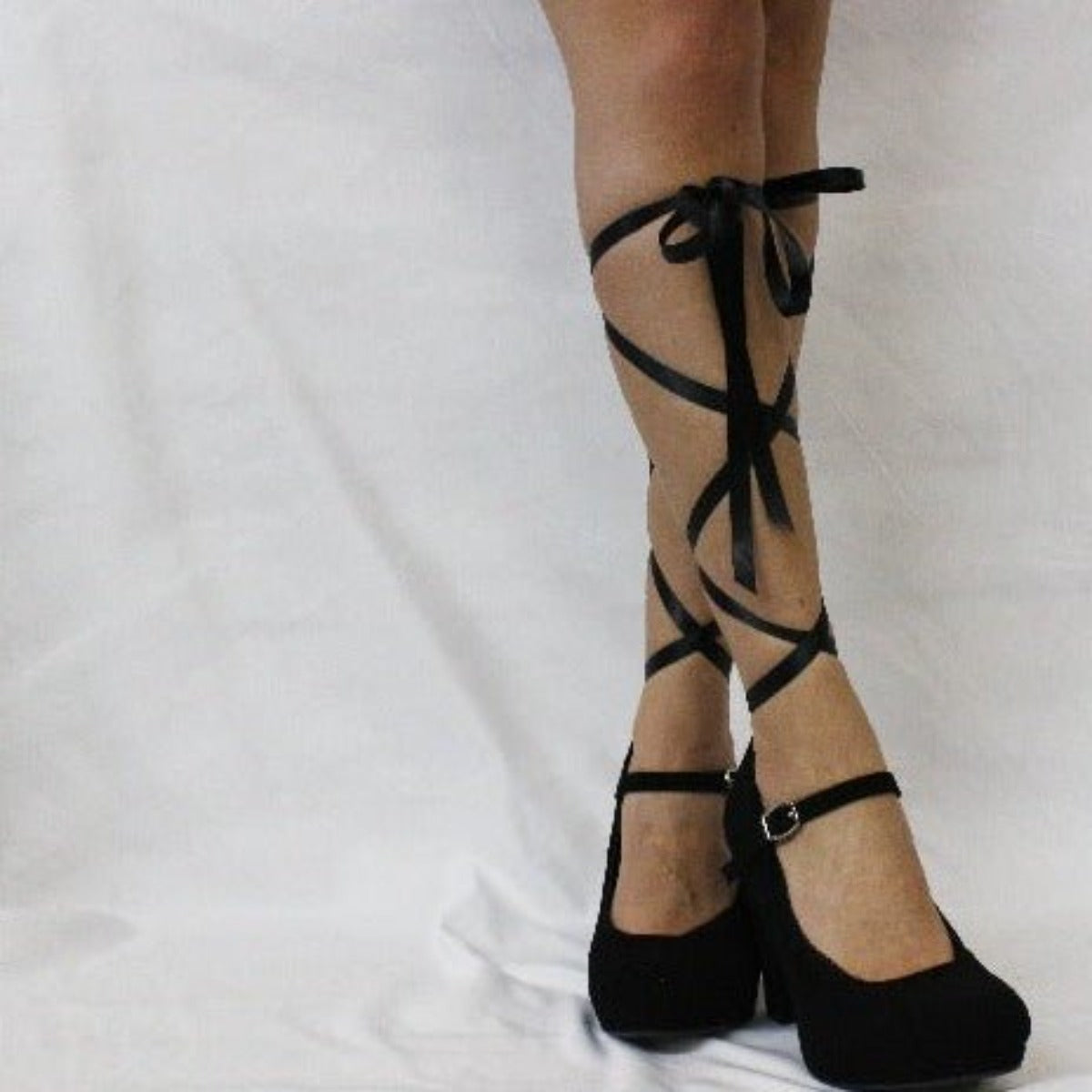 BALLERINA no show socks with satin ribbon lace up ties - black