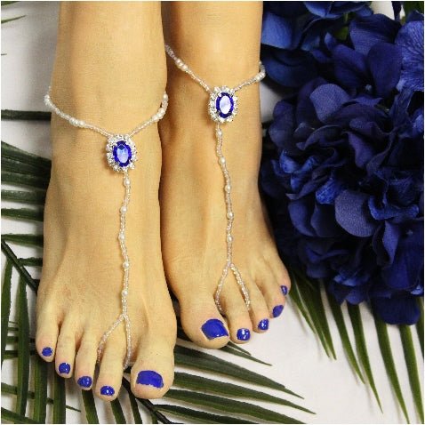 SAPPHIRE beaded barefoot sandals - royal blue bridal footless sandals women custom Catherine Cole best quality barefoot sandals