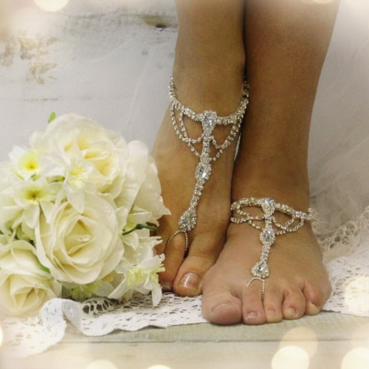 bride silver rhinestone wedding barefoot sandals, best quality foot jewelry, Amazon barefoot sandals. Catherine Cole signature style