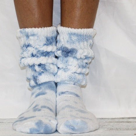 Cloud Scrunch Socks, tie dyed trends socks slouch 80's usa made diva - Catherine Cole Atelier - hooters slouch chambray blue colors