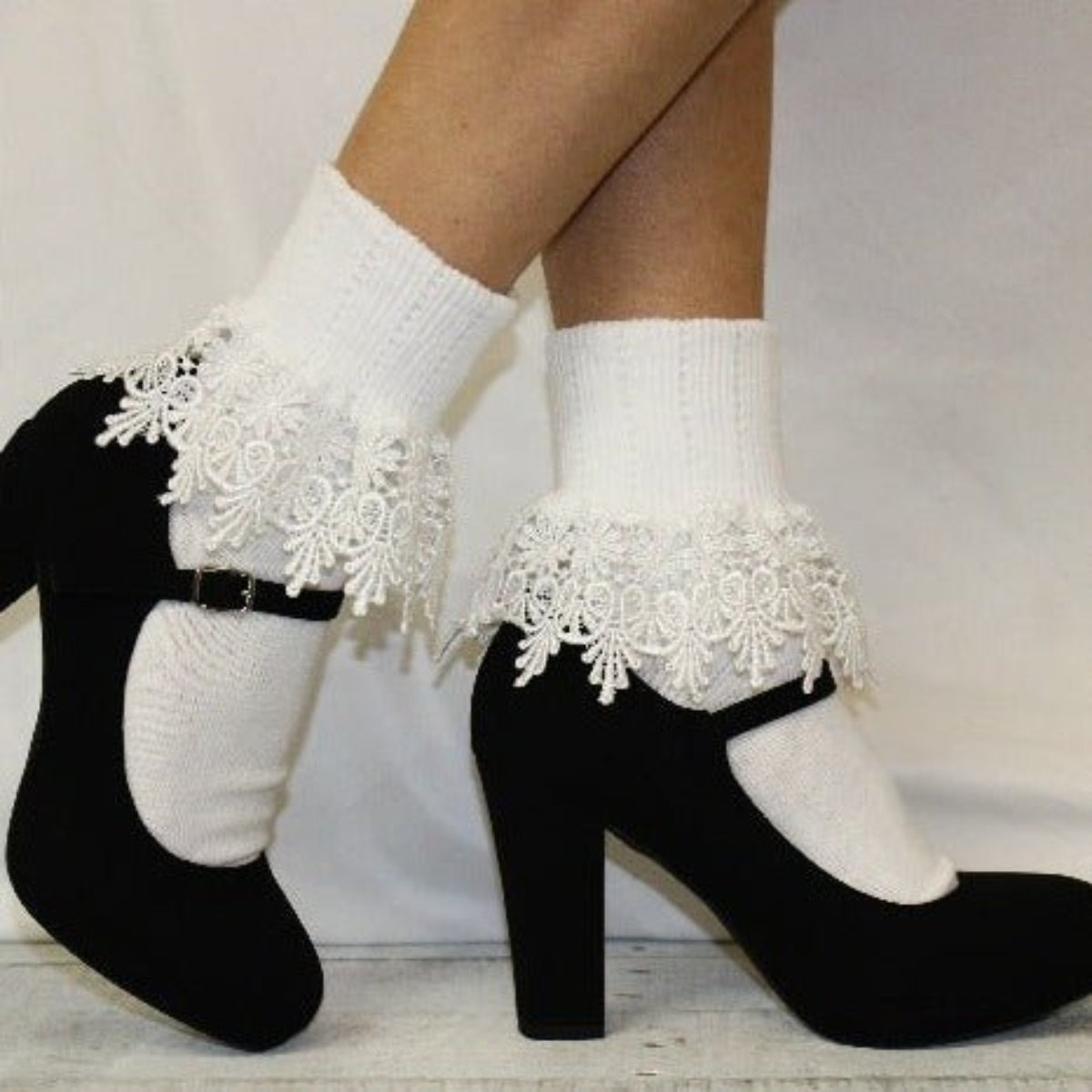 signature ankle socks ladies cotton white hosiery socks, lace socks for heels, ruffle trim socks women’s Catherine Cole signature style