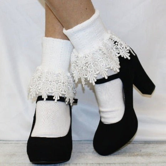 signature lace cuff ankle sock women floral lace, best quality ladies lace ruffle trim socks Catherine Cole signature style