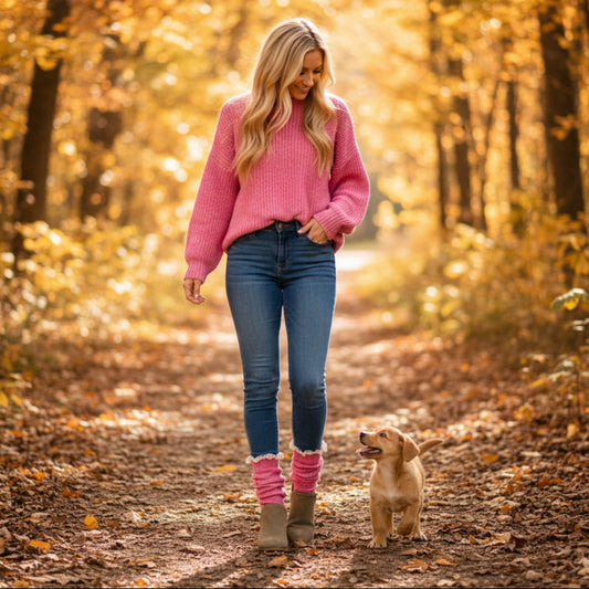 Woman in pink sweater and lace boot socks walking in autumn forest with puppy - Catherine Cole