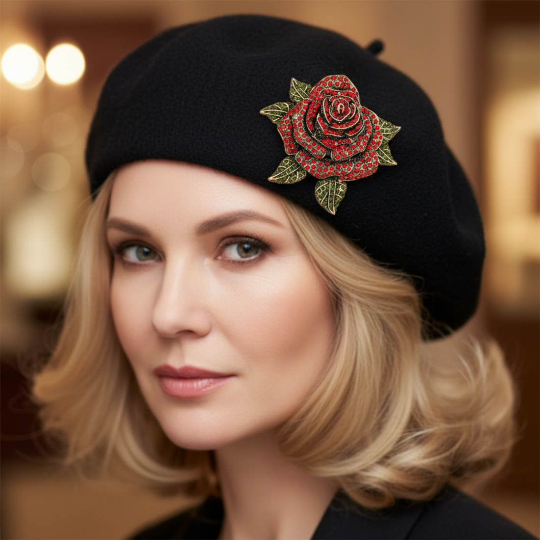 Red Rose Crystal Brooch Pin ruby rhinestone on black beret hat old money aesthetic Catherine Cole