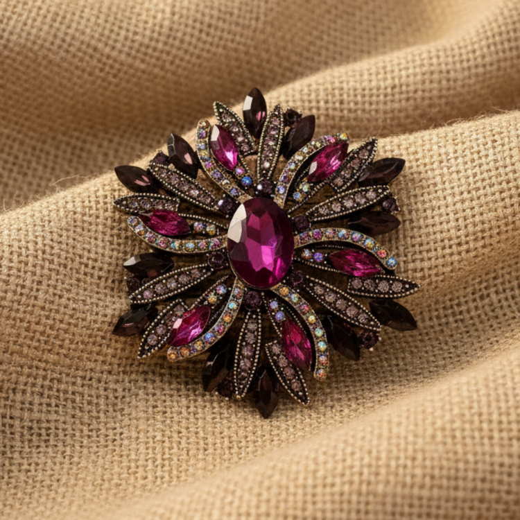 Vintage Inspired Sunburst Brooch 2" – Purple. Purple Rhinestone Sunburst Brooch - Vintage Amethyst Crystal Pin
