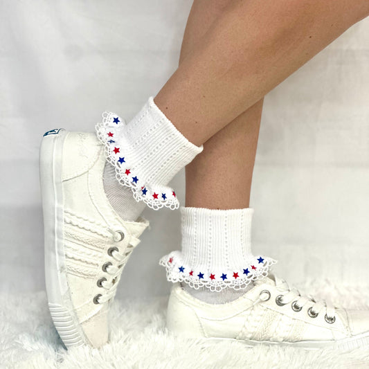 STARS patriotic lace cuff socks - white, American socks for women., Catherine Cole signature socks