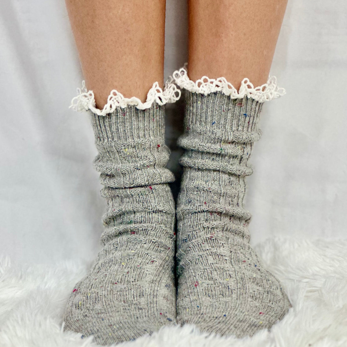 Bootie cute lace topped boot socks, grey, short ankle boot socks, Catherine Cole signature socks women