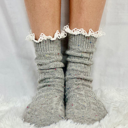 Bootie cute lace topped boot socks, grey, short ankle boot socks, Catherine Cole signature socks women