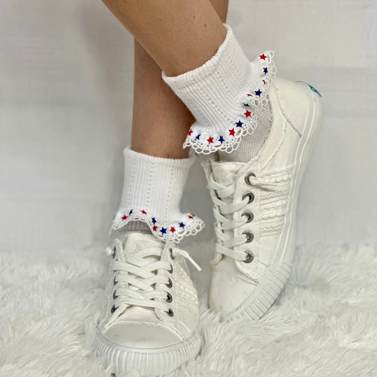 STARS patriotic lace cuff socks - white, American socks for women., Catherine Cole signature socks