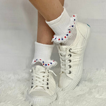STARS patriotic lace cuff socks - white, American socks for women., Catherine Cole signature socks