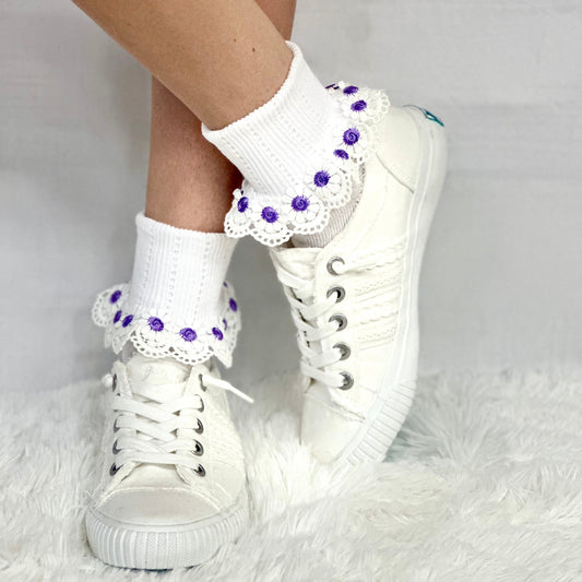 DAISY MAE  lace cuff socks - white purple, summer cotton cuff socks women made in USA, Catherine Cole signature socks
